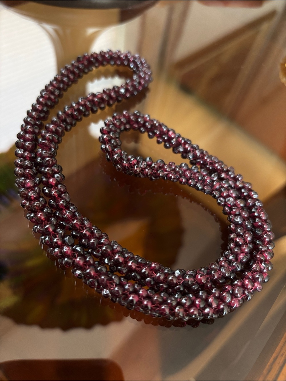 Genuine Garnet Beaded Beautifully Woven Rope Necklace 26”